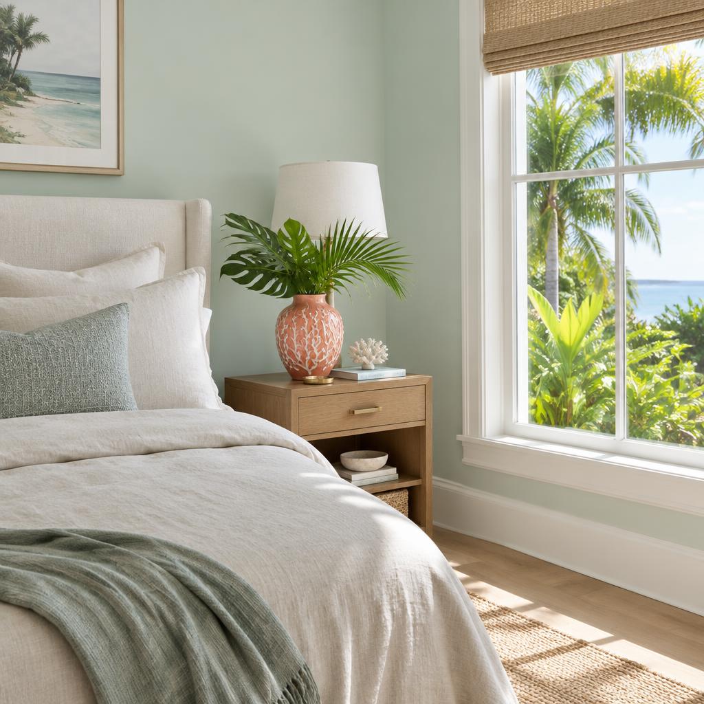 Calm tropical bedroom with soft mint walls, linen bedding, and a coral vase