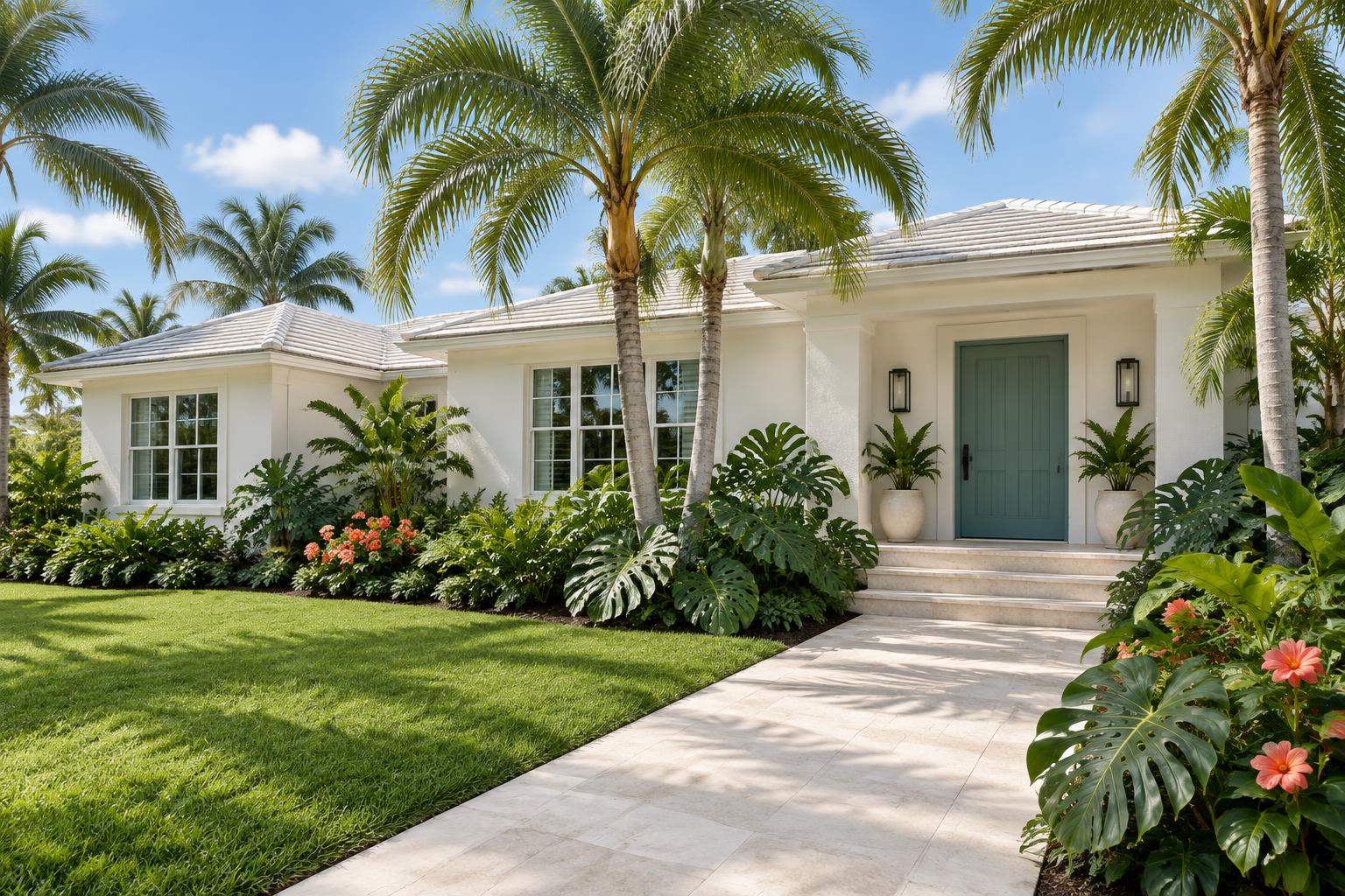 Lush tropical Florida home with fresh white stucco and a deep teal front door